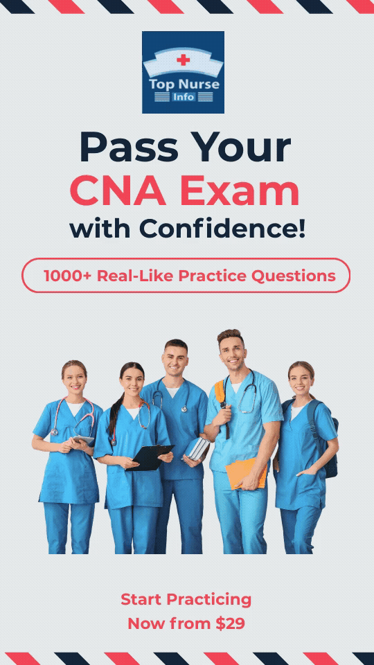 Group of five healthcare workers in blue scrubs, smiling, with text promoting CNA exam practice for $29, featuring 1000+ practice questions.